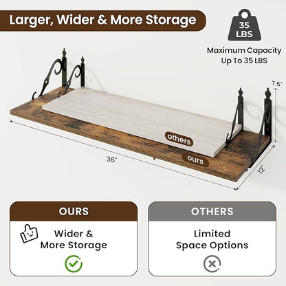 RICHFOCUS 12 Inch Deep Floating Shelves for Wall, 36" W x 12" D Wood Wall Shelves Set of 2, Wide Floating Shelves for Living Room, Bedroom, Kitchen, Bathroom and Decor Storage, Rustic Brown