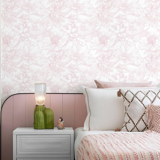 Ismoon Large Floral Peel and Stick Wallpaper Boho White/Pink Contact Paper 17.3inx32.7ft Removable Self Adhesive Bedroom Cabinet Mural Wall Decor Vinyl Roll