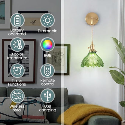 Battery Operated Wall Sconce Set of 2, Rechargeable Battery-Powered Wall Light with Green Glass Lampshade,Wireless Indoor Wall Lamp with Remote Control for Living Room Bedroom
