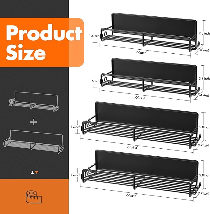 Magnetic Spice Rack for Refrigerator, 4 Pack Magnetic Fridge Shelf with Hooks, Spice Organizer Shelf for Kitchen Organization and Storage, Seasoning Organizer Gadgets for Metal Surface