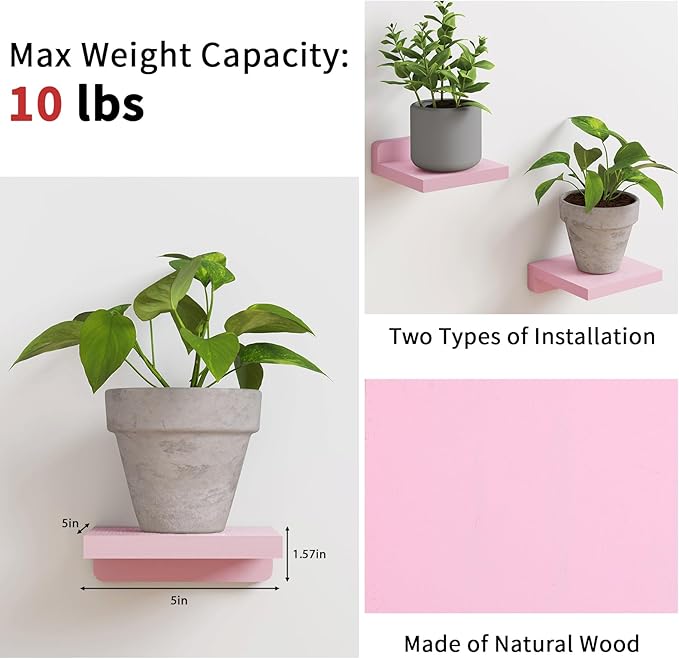 Fixwal Small Floating Shelves, 5x5 Inches Wall Shelf Set of 4, Rustic Wood Small Wall Mounted Shelves for Bedroom, Living Room, Kitchen, Bathroom Decor (Pink)