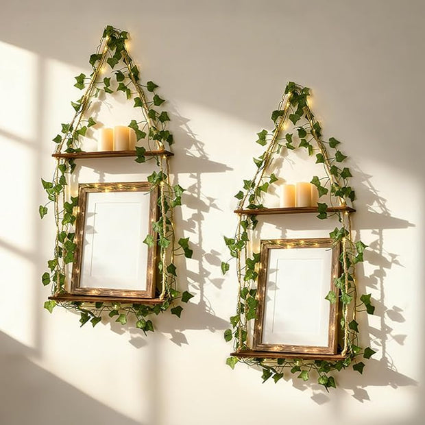 Artilady 2 Pack Artificial Ivy Macrame Hanging Shelves with Lights Boho Wall Decor, 2 Tier Wood Flaoting Shelf Plant Storage Rack for Bedroom Bathroom Living Room Nursery