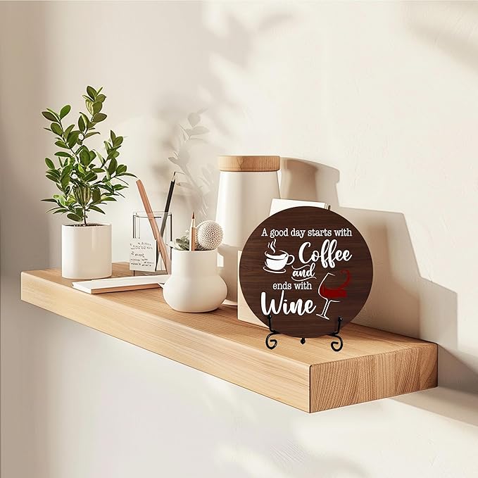 Coffee And Wine Desk Decor Sign, Rustic Funny Wooden Box Plaque, A Good Day Starts With Coffee And Ends With Wine Wood Sign, Decor For Home Kitchen Table Top, Wooden Round With Stand-21