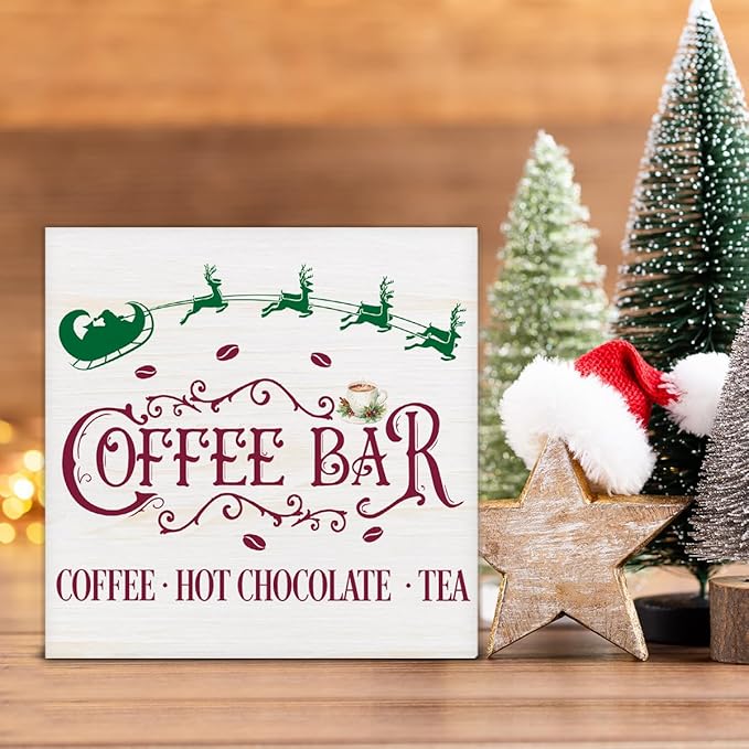 Vintage Farmhouse Christmas Wooden Sign, Rustic Home Kitchen Decor - 5 x 5 Inches