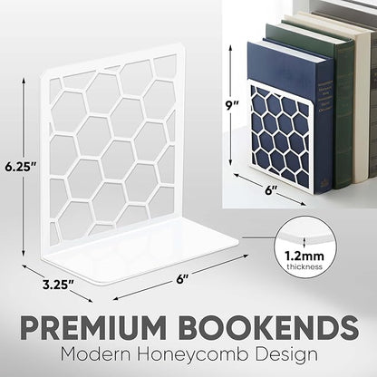 GEOMOD Geometric Honeycomb White Metal Bookends Decorative - Tall Sturdy Book Ends for Shelves - Modern Heavy Duty Bookend Stopper - Office or Home Book Shelf Book Holder - 6x3.25x6.25 Inches - 1 Pair