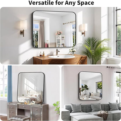 Koonmi Black Framed Bathroom Mirror - 32x40 Inch Shatterproof Tempered Glass Vanity Mirror for Bathroom Sink, Wall Mounted with Matte Aluminum Alloy Frame, No Distortion, Modern Decor