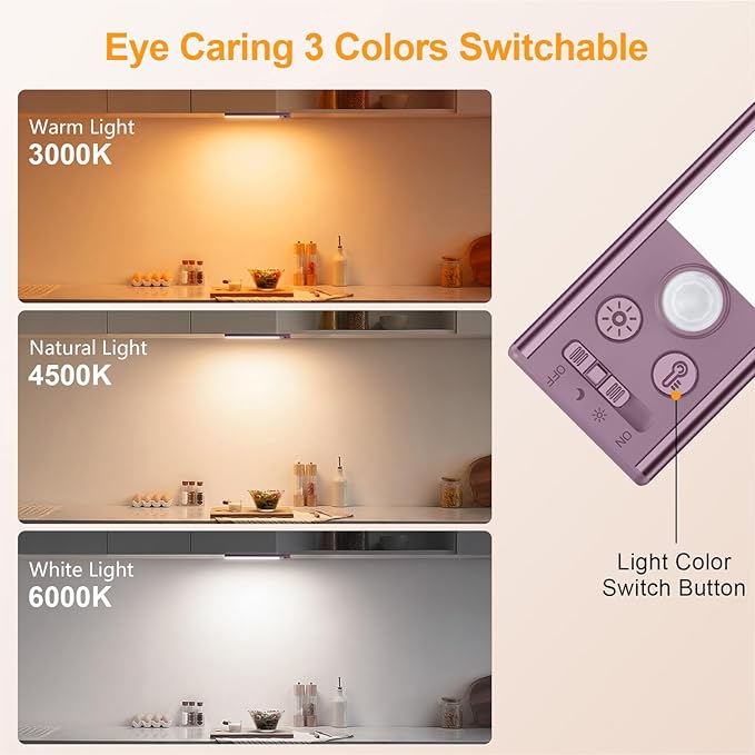 Gritin 10.2inch Under Cabinet Lighting Rechargeable 2 Pack- 3 Color Temps&5 Level Brightness, Super Bright, 4 Modes, Motion Sensor, Long Lasting - Easy Installation Magnetic Under Closet Lights-Mauve