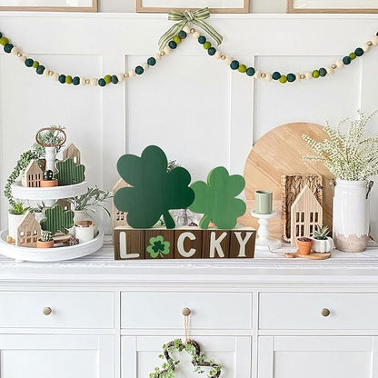 Lucky Wooden Sign St. Patrick's Day Table Decor Shamrock Home Office Table Top Decor Centerpiece Decorations for Tiered Trays Shelf Coffee Bar Mantle Windowsill