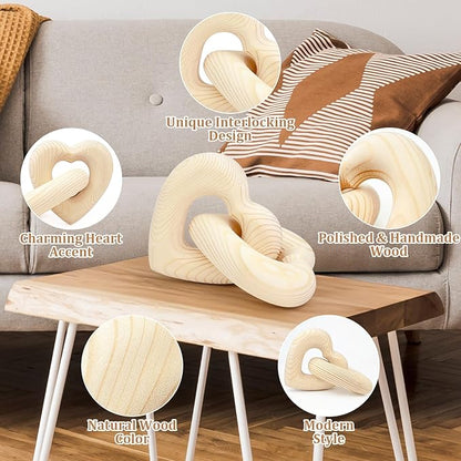 Valentine Wooden Heart Decor Joined Together Forever, Valentines Day Interlocking Heart Gifts for Wedding Engagement Anniversary, Wooden Connected Aesthetic Decorations for Shelf Table Home Coffee Bar