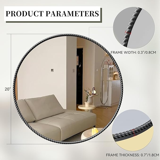 PROHOMEWARE Black Round Bathroom Mirrors, 20 inch Circle Wall Mounted Hanging Mirror for Entryway, Living Room, Hallway, Bathroom, Bedroom