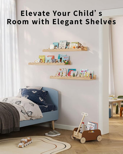 Nursery Book Shelves, Set of 3, Nursery Decor for Baby and Toddler, Scalloped Shelves, Book Shelf for Kids Rooms, Wall Book Shelf for Bedroom Kids, Floating Shelf for Wall (Wood, 23.5 Inches)