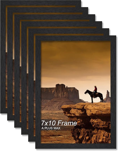 A PLUS MAX 7x10 Picture Frame Set of 6, Black Engineered Wood Frame for 7 x 10 Inch Picture Poster Photo, Light Weight 7 by 10 Frame with Wood-grain for Wall - 6 Pack/Black/7"x10"