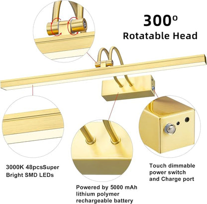 FUNCHDAY Picture Light Wireless, Rechargeable Gallery Light Battery Operated, 280LM Dimmable Art Lighting with Remote, 16" Metal Picture Lights for Wall, Paintings, Portrait, Photo (Brass)