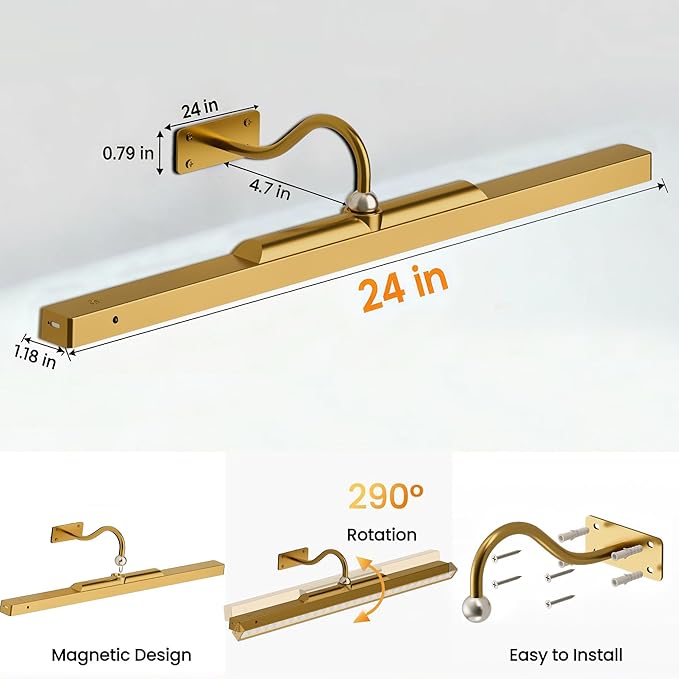 24 Inch Picture Light for Wall - Brass Battery Operated Wireless Wall Sconce with Remote & Timer for Artwork, Portrait, Photo & Frame