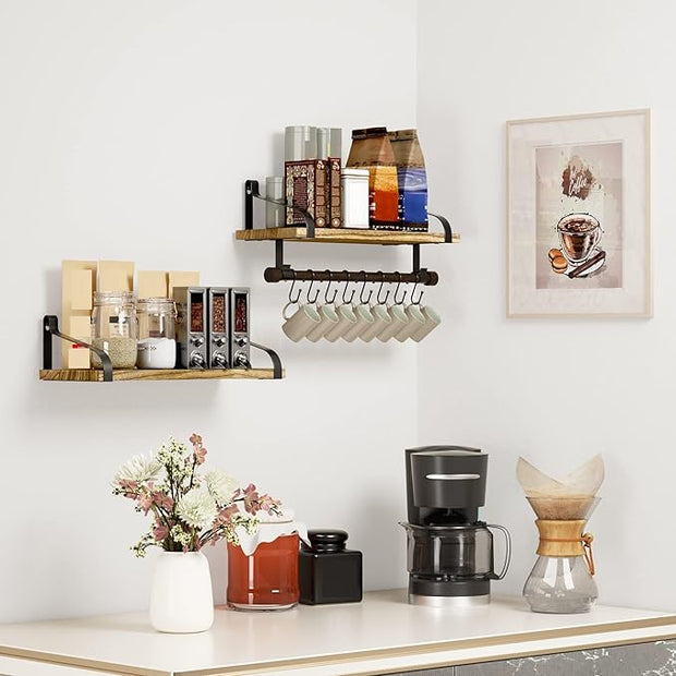 Love-KANKEI Floating Shelves Wall Mounted Set of 2, L17.3 x W7.3 Inch Storage Shelves with Wood Bar and 8 Removable Hooks for Kitchen, Coffee Bar,Bathroom, Bedroom, Living Room Carbonized Black