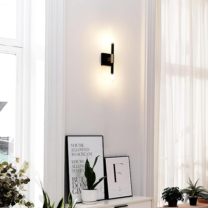 Globe Electric 65000044 2-Light Wall Sconce, Matte Black, Antique Brass Accent, E12 Base Sockets, Lights for Living Room, Home Decor, Lighting, Mounted Bedside Lamp