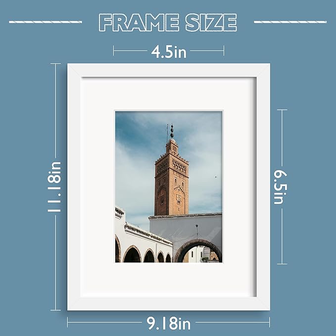 Wiscet 8x10 Picture Frame Set of 9, Display Pictures 5x7 with Mat or 8 x 10 Without Mat, Photo Frame for Wall Mounting or Tabletop Display, White.