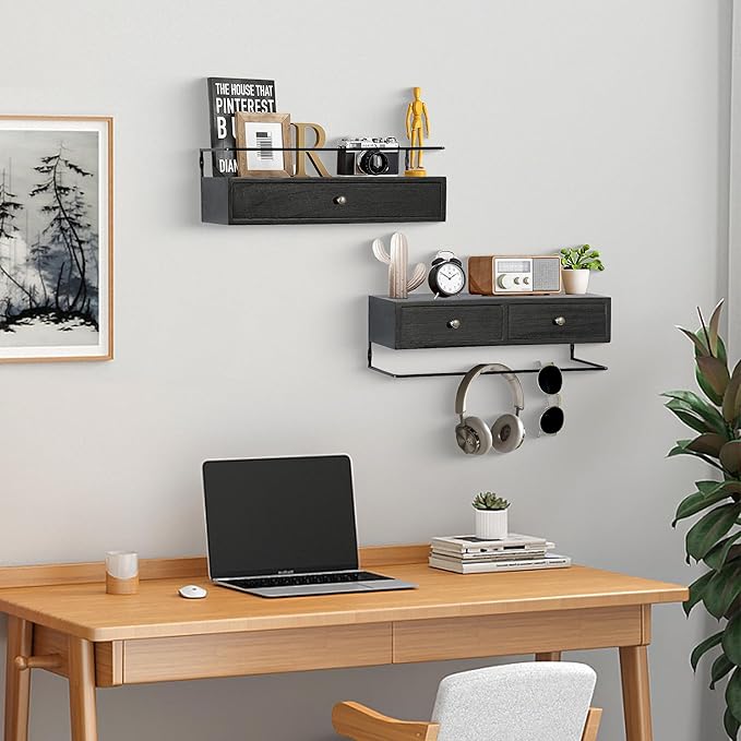 2-Pack Rustic Floating Shelves with Drawer, Black, 15.8 Inch Long, Wall-Mounted, Bathroom, Kitchen, Living Room Storage