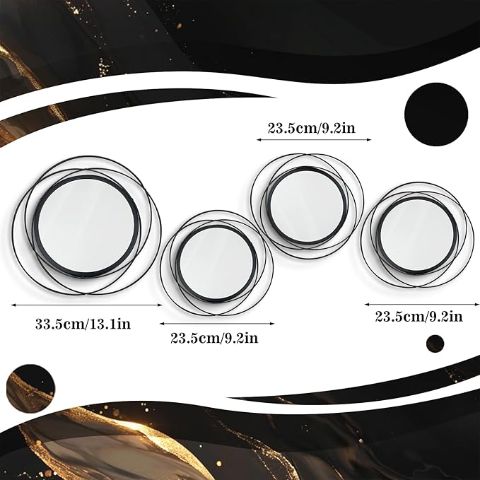 4 Set Mixed Size Black Circle Mirrors Wall Decor Iron Frame Wall Art Round Mirror Home Decor Hanging for Living Room/Bedroom/Bathroom/Entryway