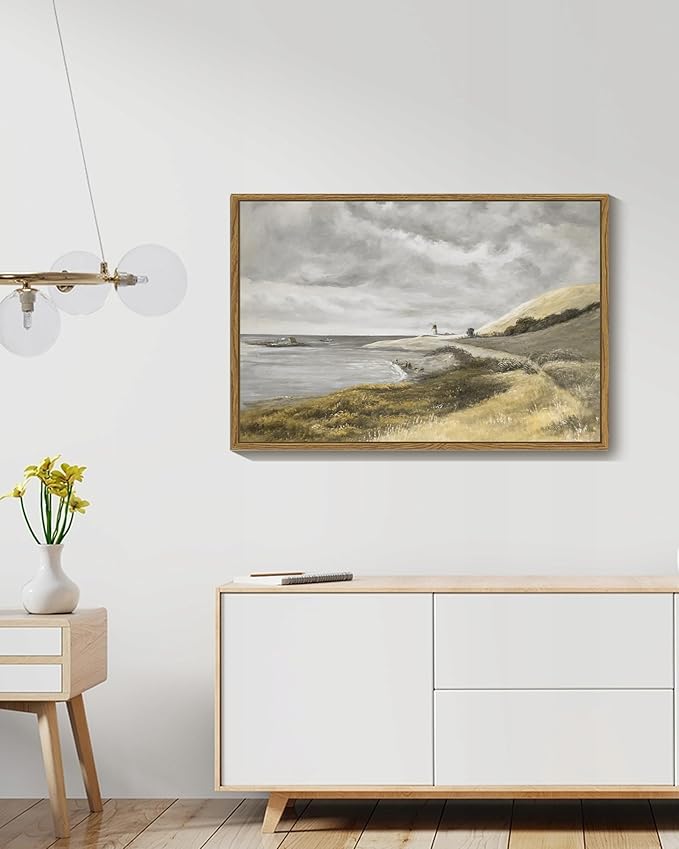 SHENIFY 24x36in Large Coastal Framed Canvas Wall Art Vintage Landscape Seascape Classic Hallway Bedroom Living Room Decor - Natural Framed