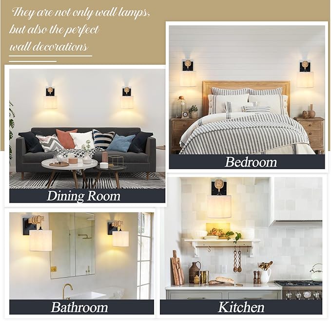 Boho Wall Sconces, Hardwired Farmhouse Fabric Wall Lamps with Wooden Arm & On/Off Dimmable Switch,Rustic Indoor Wall Mount Light Fixtures for Bedroom Nursery Living Room Bathroom