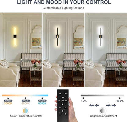 28 In Wall Sconces Set of 2 Battery Operated,10000mAh Black Gold LED Wireless USB Rechargeable Wall Light with Remote Control,360° Rotation LED Dimmable Picture Lamp for Hallway Living Room