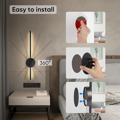 Battery Operated Wall Sconces Set of Two, Wireless Rechargeable Wall Sconces Black with Remote Control Dimmable, Cordless Wall Light Decor for Living Room, Bathroom, Hallway, Timing, 24 Inch