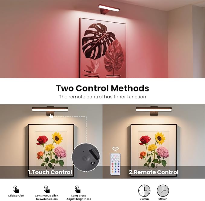 Picture Lights for Wall Battery Operated Black Wireless Art Light for Paintings, Rechargeable Display Lighting for Picture with Remote Control, RGB Poster Lights for Frame, Gallery, Portraits, 2 Pack