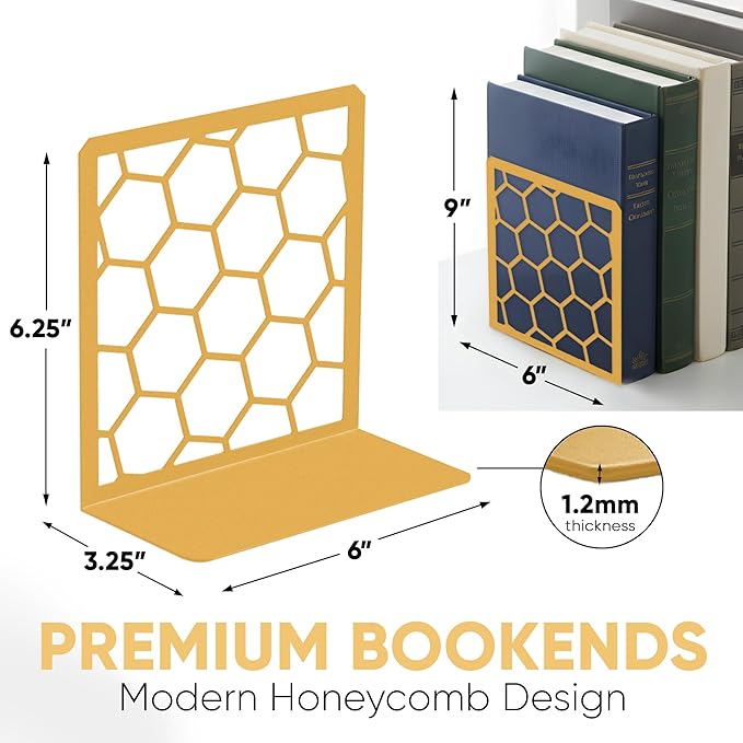 GEOMOD Geometric Honeycomb Gold Metal Bookends Decorative - Tall Sturdy Book Ends for Shelves - Modern Heavy Duty Bookend Stopper - Office or Home Book Shelf Book Holder - 6x3.25x6.25 Inches - 1 Pair