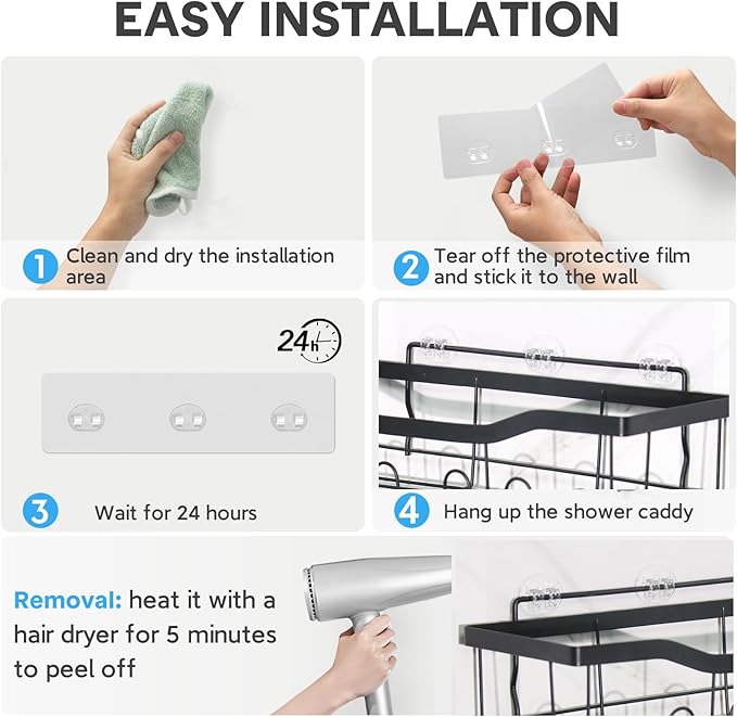 Lsnisni 6 Pack Shower Caddy Adhesive Replacement, Strong Adhesive Hooks for Shower Shelf, Waterproof Adhesive Hooks, No Drilling, for Bathroom Shelves, Kitchen Racks and Soap Holder