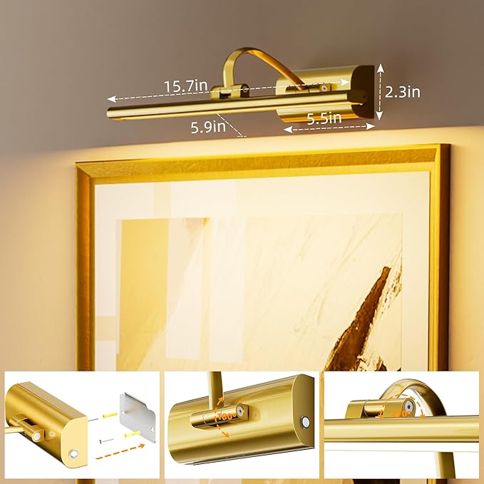 Picture Lights for Wall, 5200mAh Rechargeable Battery Operated Picture Light with Remote, 15.7" Dimmable 3 Colors Wireless Art Lighting for Paintings Picture Frame Gallery Dartboard, Brass