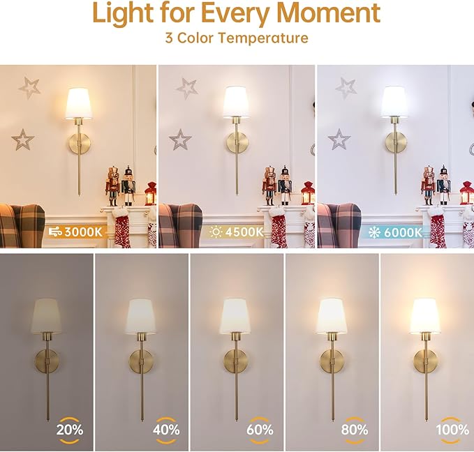 Fabric Wall Sconce Battery Operated Set of 2, Rechargeable Wall Lights with 5000mAh RGB Dimmable Bulb, 12 Colors Wall Sconces for Bedroom Living Room, Gold