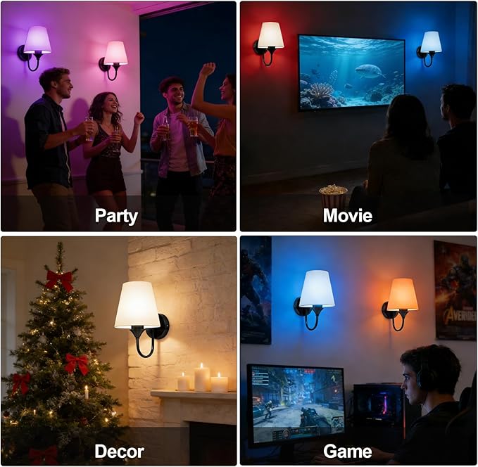 Battery Operated Wall Sconces Set of 2, Black 10000mAh Rechargeable Dimmable LED Bulb, 15 Colors & Remote, with Fabric for Bedroom Living Room Hallway Staircase Decor