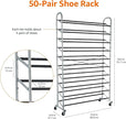 Amazon Basics 50-Pair Shoe Rack Organizer, Portable Rolling with Locking Wheels, Free Standing, 35.8 x 14.6 x 59.5 inches, Chrome