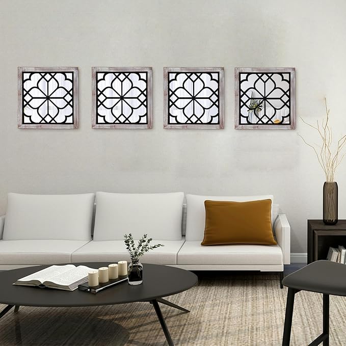 ZEXUIRU Set of 4 Wooden Rustic Square Wall Mirror Vintage Style Decorative Entry Mirror Farmhouse Wall Decoration for Living Room Bedroom Bathroom Kitchen 11.8 * 11.8inch Brown…