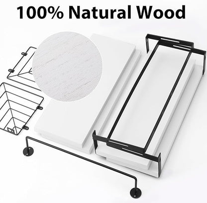 Fixwal Wall Mounted Bathroom Shelves Over Toilet, Rustic Wood Floating Shelves with Metal Frame and Towel Bar for Bathroom, Kitchen, Bedroom, Living Room (White)