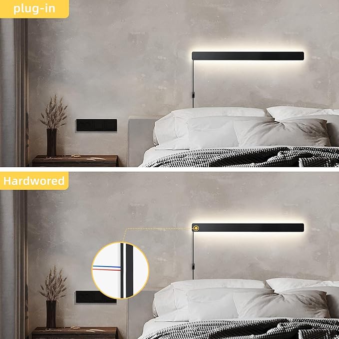 Modern Plug in Wall Sconces, 23.6 inch Frosted Black LED Long Wall Lights, 12W Warm White 3000K Acrylic Indoor Wall lamp,with 59