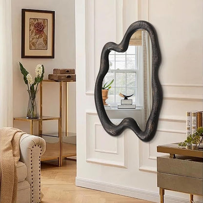 AAZZKANG Large Wall Mirror Retro Irregular Wall Mirror 28"x20" Hanging Wall Mounted Wood Frame Mirrors for Bathroom Bedroom Living Room Entryway