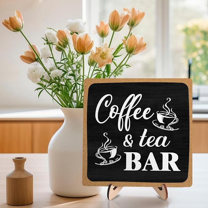 Coffee Bar Decor Sign,Rustic Wooden Plaque Coffee Sign for Java Station, Kitchen, Cafe or Tea Corner, Funny Jave Gift for Home Cafe, 5.9 x 5.9Inch (Black+Brown04)