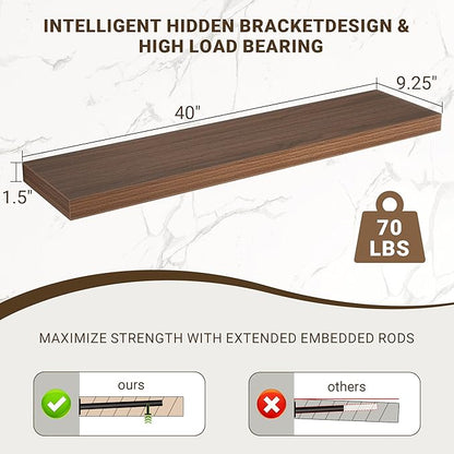 40 Inch Floating Shelves, 3D Textured Wood Grain, 40"x9.25"x1.5" Inch Deep Floating Shelves for Wall, Wooden Shelves for Bathroom, Bedroom, Living Room, Walnut, 1 Piece