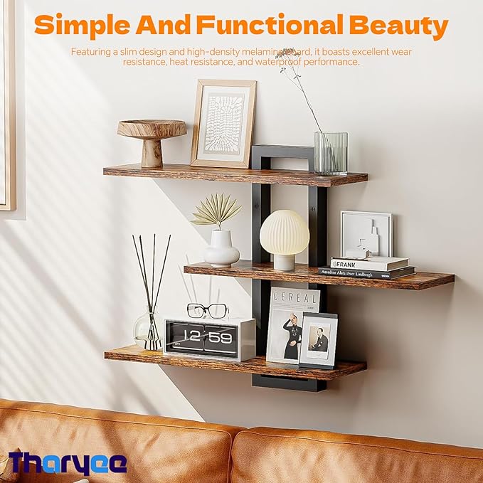 Floating Shelves for Wall Decor, 3 Tier Wall Mounted Storage Shelves, Bathroom Shelves, Decorative Hanging Storage Shelf for Living Room, Bedroom, Kitchen (Brown, 3 Tier)