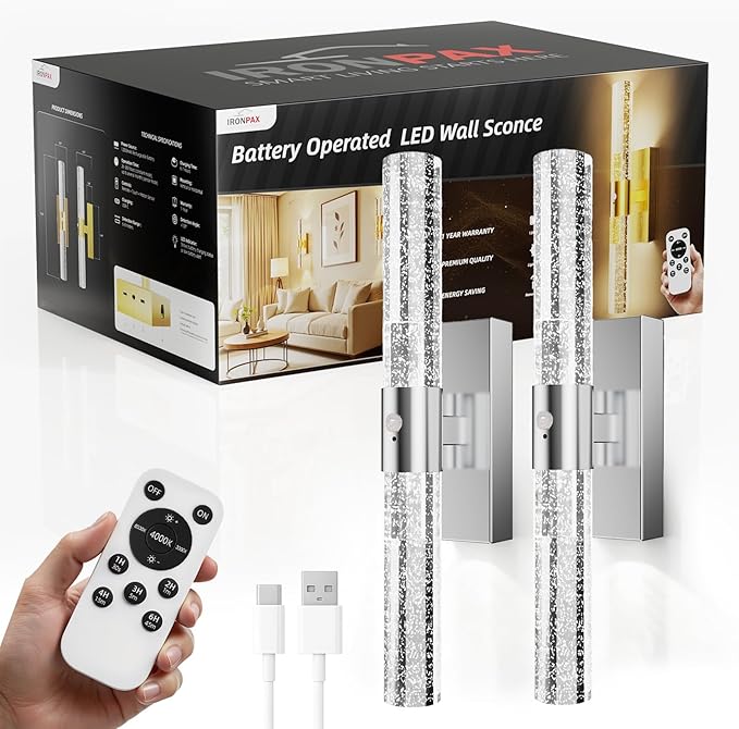 Motion Sensor Wall Sconces Battery Operated Set of 2, Rechargeable Wall Sconce, 3CCT Battery Wall Sconce, 12000mAh Dimmable with Remote for Bedroom, Living room, Hallway (15.3 inch - Chrome - 2 Pack)
