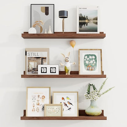 Axeman Picture Ledge Shelf | 24 Inch Walnut Floating Shelves Set of 3 | Rustic Wood Wall Shelves with Lip | 24" Walnut Picture Shelf for Wall with Ledge | Photo Shelves
