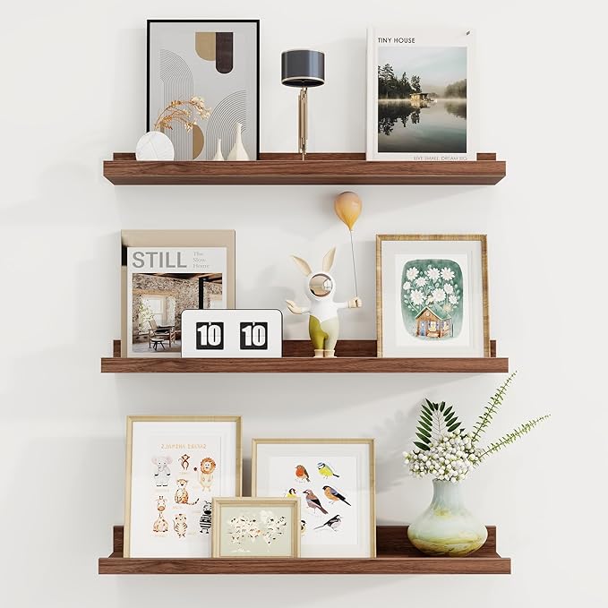 Axeman Picture Ledge Shelf | 24 Inch Walnut Floating Shelves Set of 3 | Rustic Wood Wall Shelves with Lip | 24