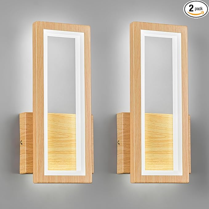 Modern Wood Color Wall Sconce Set of Two 18W Indoor LED Wall Fixture 6000K Simple Rectangle Wall Lights for Living Room Bedroom Staircase Hallway