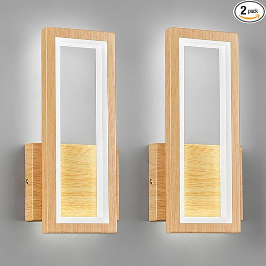 Modern Wood Color Wall Sconce Set of Two 18W Indoor LED Wall Fixture 6000K Simple Rectangle Wall Lights for Living Room Bedroom Staircase Hallway