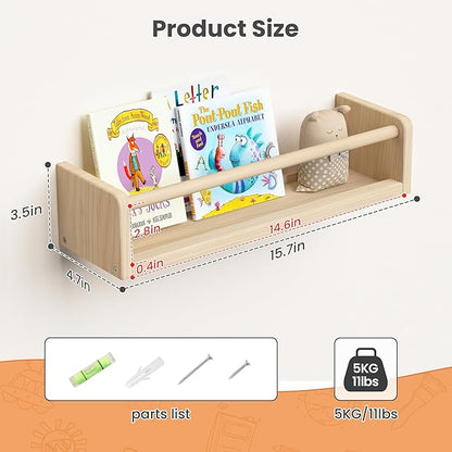 upsimples 2 Pack Nursery Book Shelves, 15.7 Inch Floating Bookshelves for Wall, Baby Nursery Decor, Small Solid Wood Wall Mounted Shelves for Baby Kids Boys Girls, Natural