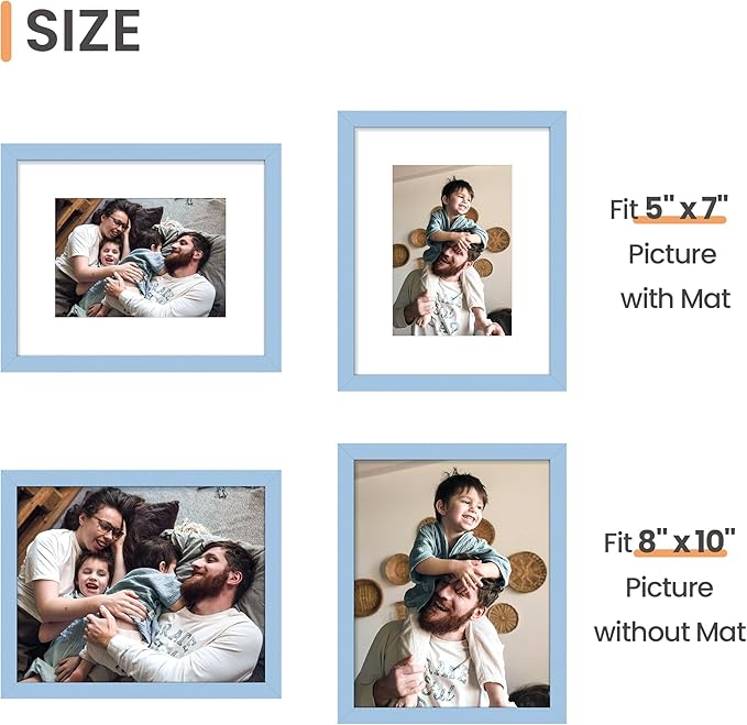 upsimples 8x10 Picture Frame Set of 5, Display Pictures 5x7 with Mat or 8 x 10 Without, Wall Gallery Photo Frames, Blue