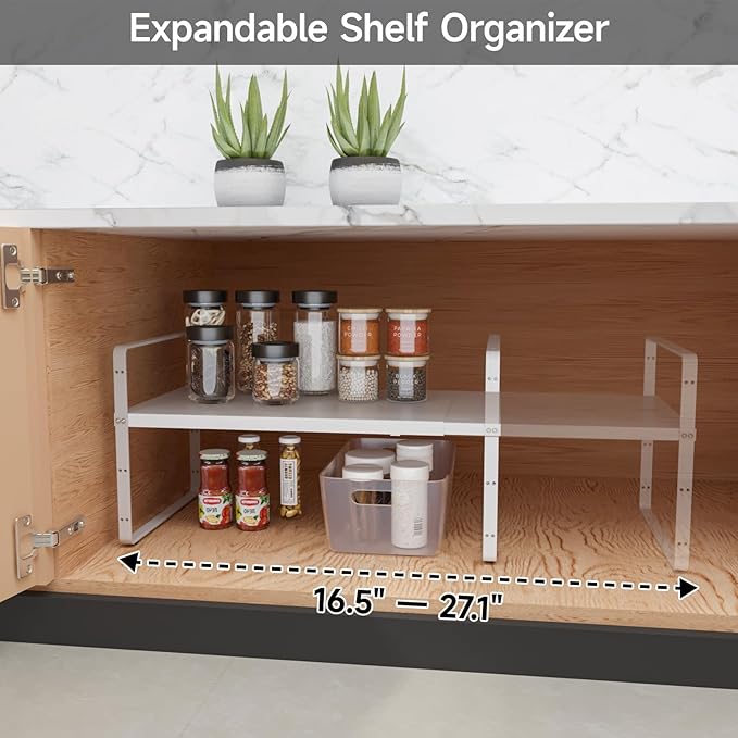 2Pack 16.5-27’’L Expandable Stackable Cabinet Shelves, Adjustable Spice Rack Cabinet Shelf Organizer for Kitchen, Countertop, Pantry and Cupboard, White