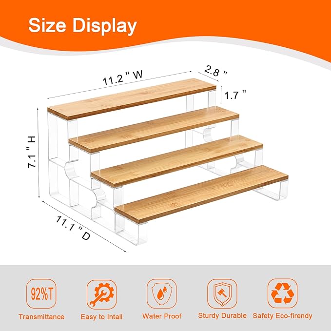 junyuan Bamboo Bathroom Organizers and Storage,Spice Rack Organizer for Cabinet,4 Tier Perfume Organizer for Bedroom,Seasoning Countertop Shelf for Kitchen,Display Shelves Racks,Clear 11.2